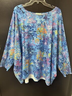 Cotton Bleu Blue Multicolor Animal-Print Smocked-Sleeve Blouse